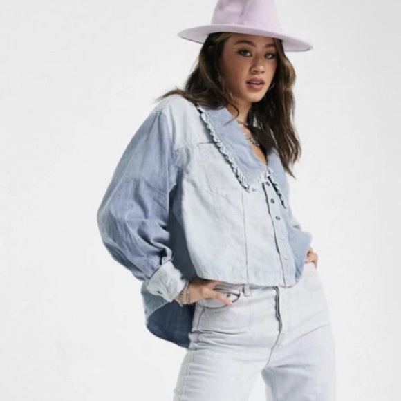 Free People Daisy Baby Patchwork Denim Top with Wide Collar and Ruffle Detail - Picture 13 of 13